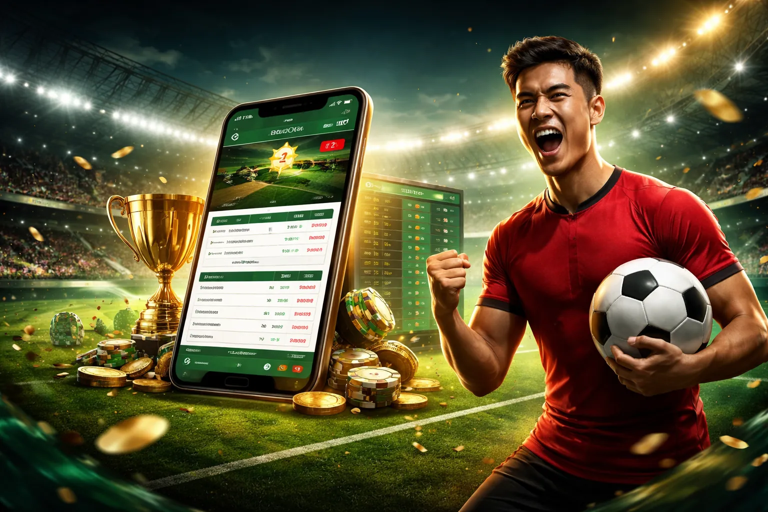 Sân vận động bóng đá với biểu ngữ 988bet và cá cược thể thao